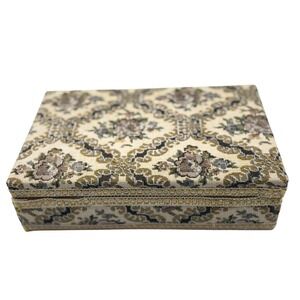 Vintage Floral Brocade Jewelry Box Trinket Organizer with Mirror and Ring Slots